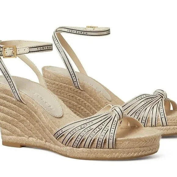 Tory Burch White Beige Logo Ribbon Wedge Espadrille Platform Sandals Heels Sz 9 - Picture 1 of 8